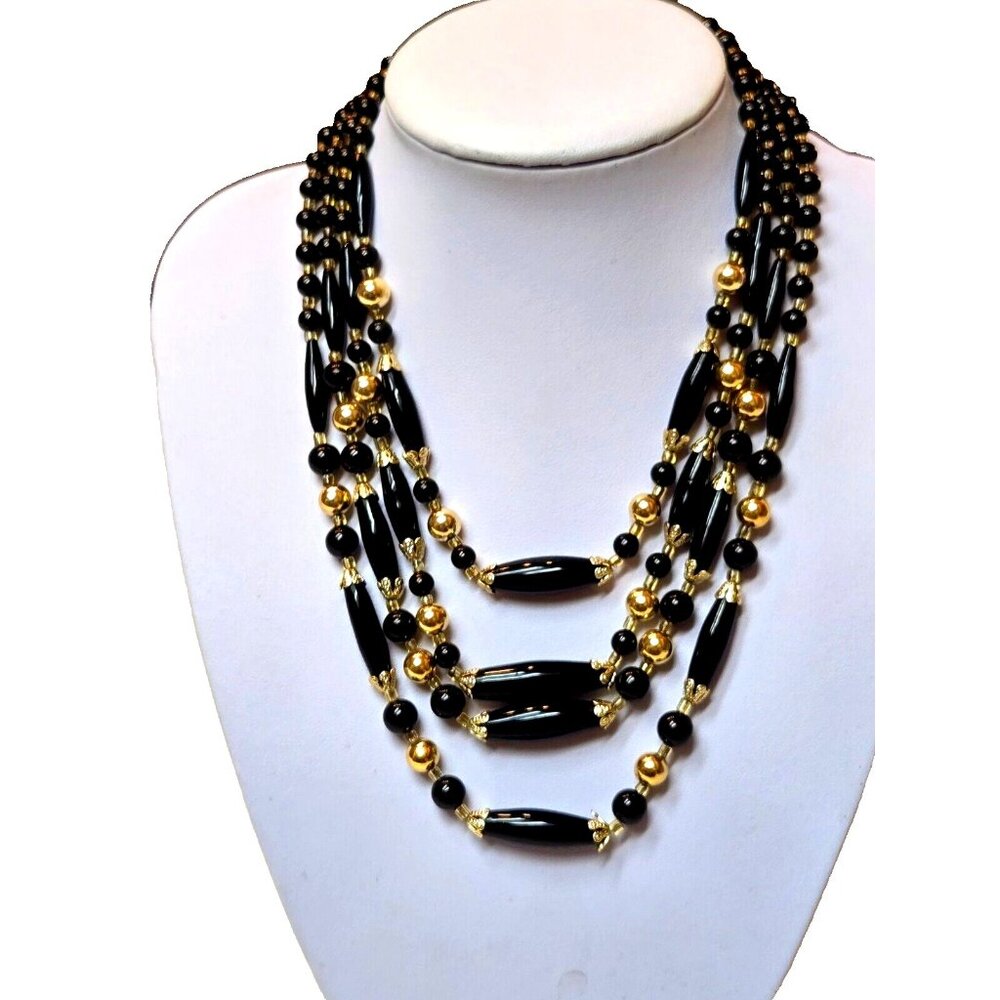 Vintage quadruple strand Black Agate and Gold beaded Made in Japan Necklace 1940